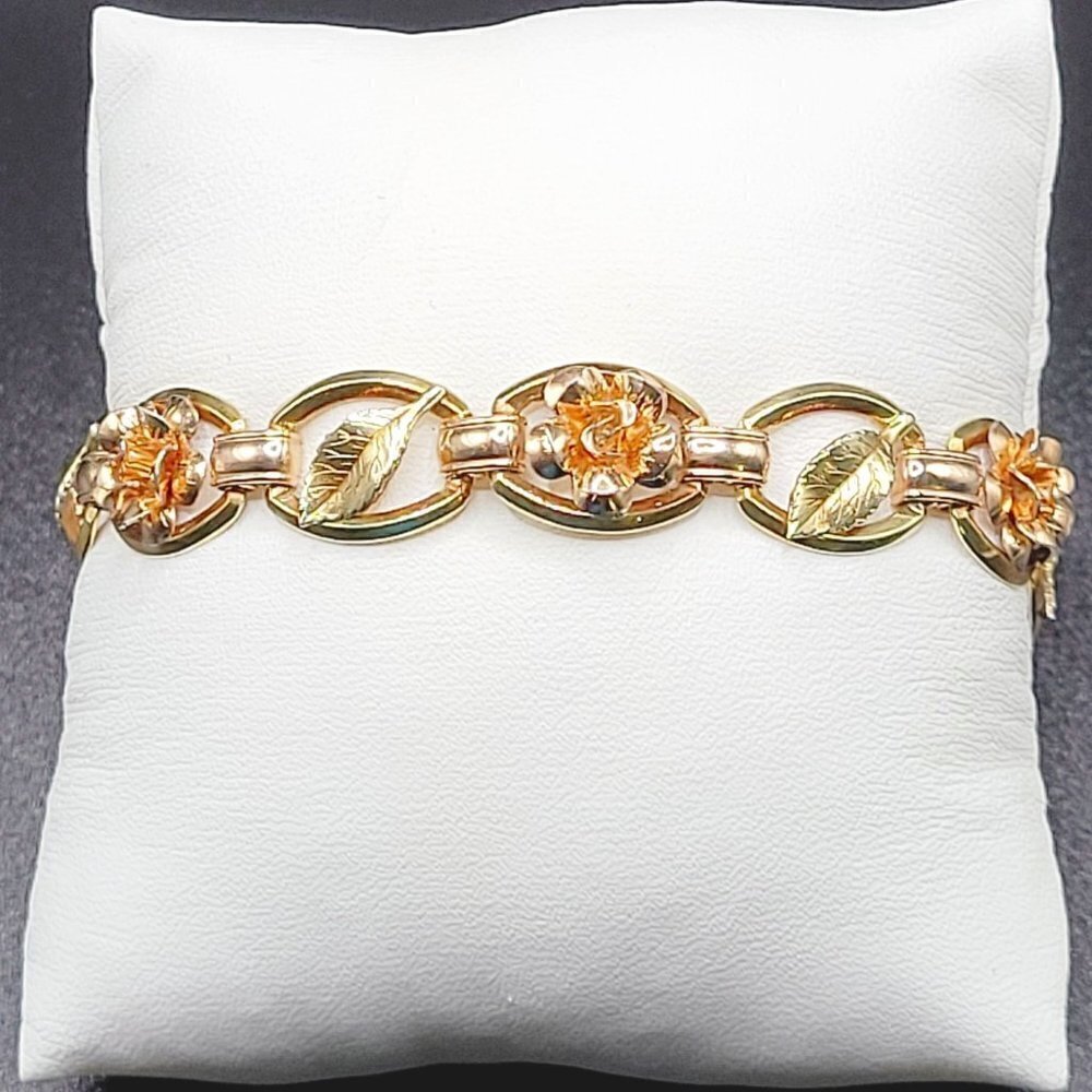 Vintage Krementz Yellow & Rose Gold Tone Leaf W 3d Roses Bracelet Circa 1960's